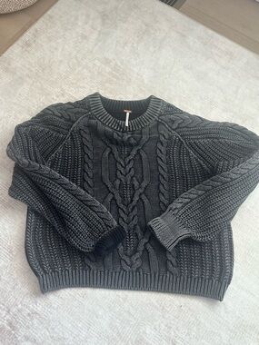 Free People Charcoal Cable Knit Crewneck Sweater
